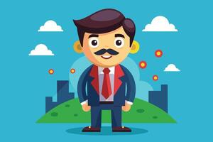 A cartoon man wearing a blue suit, red tie, and a mustache stands in front of a city skyline with a green hill in the foreground. He is smiling and looking forward with a confident expression. vector