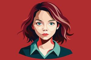 A digital illustration of a young woman with short, brown hair and green eyes. She is looking directly at the viewer with a serious expression. The background is a solid red color. vector