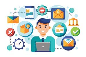 A cartoon businessman sits at his laptop with a cheerful expression. Surrounding him are various colorful icons representing online banking, email, packages, and more. vector