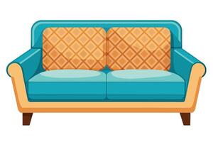 A cartoon image of a blue couch with two orange pillows with a diamond pattern. The couch has a yellow frame and wooden legs. vector