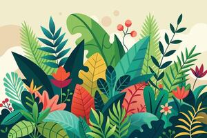 A colorful illustration featuring a variety of tropical plants, including leaves, flowers, and branches, creating a dense and vibrant jungle scene. vector