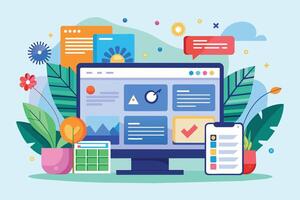 A modern illustration of a desktop computer, phone, and calendar with a colorful and abstract design. vector