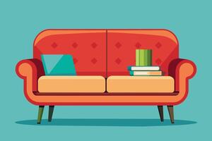 A red couch with a blue pillow and a stack of books sits in a living room. vector