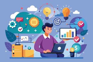 A man sits with a laptop, surrounded by colorful graphics representing ideas, charts, and achievements. vector