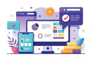 A colorful illustration depicting digital marketing analytics and optimization. A desktop computer displays graphs and data, while a mobile phone shows user engagement metrics. vector