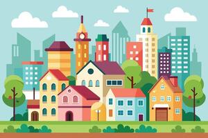 A colorful illustration of a city with modern buildings and green trees. The buildings are all different shapes and sizes, and they are arranged in a random order. vector