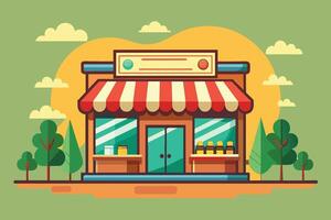 A colorful cartoon illustration depicts a small storefront with a red awning, showcasing a simple and welcoming aesthetic. vector