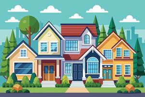 A digital illustration depicting a row of colorful suburban homes on a sunny day. The homes have front yards, green trees, and a sidewalk in front. vector