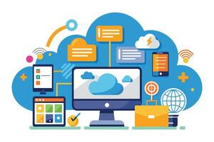 A colorful illustration depicting a computer, tablet, phone, and other devices connected to a cloud network. vector
