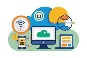 An illustration depicting cloud computing technology, featuring a desktop computer, laptop, smartphone, and various network symbols. vector