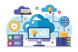 An illustration depicting a cloud computing network. It features a desktop computer, server, and multiple clouds with icons symbolizing data storage, security, and connectivity. vector