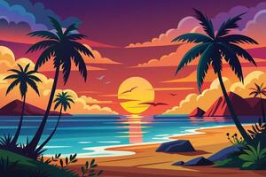 A vibrant sunset scene featuring palm trees silhouetted against a backdrop of colorful clouds and a large, setting sun reflecting on the water. vector