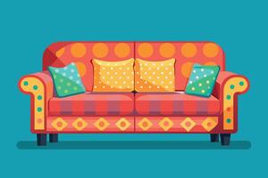 A colorful patterned sofa with three pillows sits on a teal blue floor. The sofa has a red base with orange and yellow polka dots, a red and white striped cushion vector