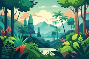 A vibrant illustration of a lush tropical forest with tall trees, palm trees, and dense foliage. The scene includes a river flowing through the forest, with mountains in the background. vector