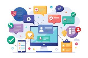 Illustration of a digital platform with a computer, phone, and various icons representing communication, collaboration, and information sharing. vector