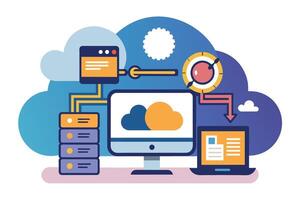 This illustration depicts a server, desktop computer, and laptop connected by a cloud computing network. The server is depicted as a stacked set of data servers. vector