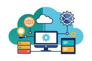 An illustration depicting a modern network system, featuring a desktop computer, a cloud, server towers, and various connectivity icons. vector