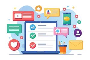 An illustration depicting a laptop with three checkmarks on the screen, surrounded by various icons including a smartphone, message bubbles. vector