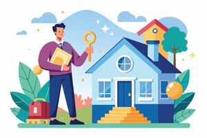 A man stands in front of a new home, holding a large golden key, symbolizing his ownership of the property. He is excited about moving into the house and enjoying life in the suburbs. vector