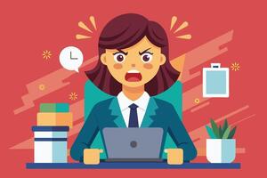 A frustrated businesswoman sits at her desk, working on her laptop. She appears stressed, with her mouth open as if shes shouting. The clock on the wall shows that its almost time for a deadline. vector