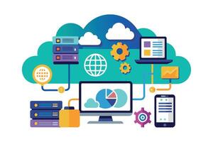 A colorful illustration showing interconnected devices in a cloud computing environment, including servers, a computer, a mobile phone, and cloud icons. vector