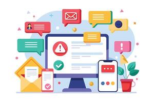 A colorful illustration of a desktop computer and smartphone with notifications and messages on the screen and around them. vector