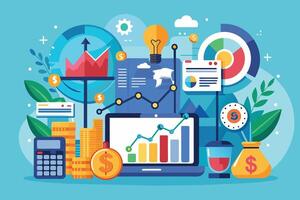 A colorful illustration depicting various business and financial success concepts, including graphs, charts, money, and a calculator. vector