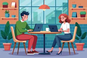 An illustration of a man and a woman working on their laptops at a cafe table. The cafe has a large window overlooking a city skyline. vector