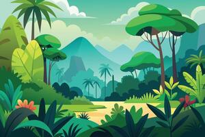 A colorful illustration of a dense tropical rainforest with tall palm trees, lush foliage, and a scenic mountain range in the distance. vector