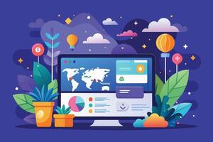 A vibrant illustration showcasing global business analytics and growth represented by a desktop computer with a map of the world, charts, and other data visualizations. vector