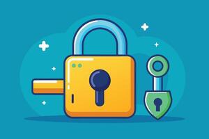 A cartoon illustration of a yellow padlock and key on a blue background. The padlock is closed and the key is separate from it. vector