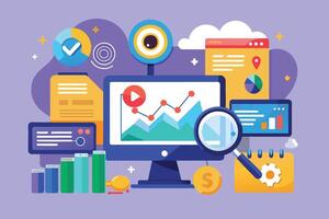 Illustration of a digital marketing strategy and analysis plan, featuring a computer, graphs, charts, and icons. vector