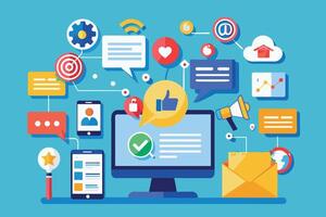 A digital marketing strategy illustration featuring a computer, mobile devices, and social media icons connected by lines. vector