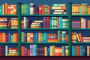 A digital illustration of a bookshelf filled with a variety of colorful books. The books are arranged in rows on the shelves, with some books stacked on top of others. vector