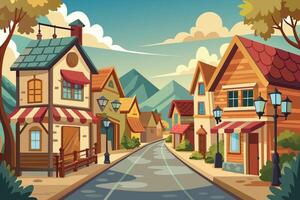 A cartoon illustration of a quaint village street lined with colorful houses and shops. The street is paved and leads up to a mountain range in the background. vector