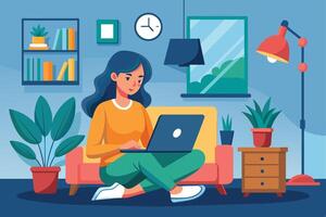A woman sits on a couch in a living room, working on her laptop computer. The room is decorated with plants, a bookshelf, and a lamp. vector