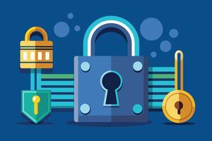 A digital illustration of a closed padlock and keys on a blue background. The padlock is large and blue with a keyhole, while the keys are smaller and golden. vector