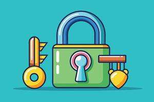 A cartoon illustration of a padlock and two keys. The padlock is green with a blue and yellow arch and a pink circle with a blue keyhole. vector