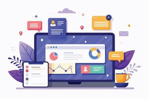 Illustration of a laptop computer displaying data charts and graphs, indicating business performance metrics. vector