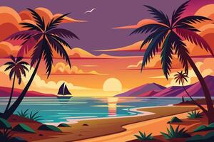A vibrant illustration of a tropical sunset over a calm ocean, featuring palm trees lining the beach and a sailboat in the distance. vector