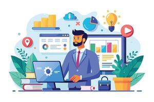 A businessman working on his laptop, surrounded by data analytics charts and graphs. vector