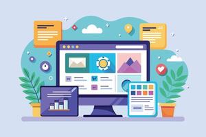 An illustration depicting a desktop computer with a website design mock-up, along with other elements such as data analytics, color palette, and social media icons. vector