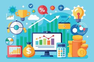 A colorful illustration depicting a business growth strategy with financial charts, data, and icons. vector