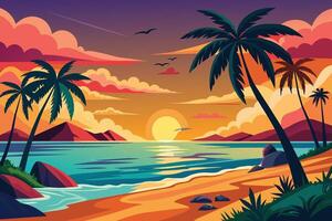 A vibrant illustration depicting a tropical beach scene at sunset. Palm trees stand tall against a backdrop of colorful clouds, while the sun sets over a calm, blue ocean. vector