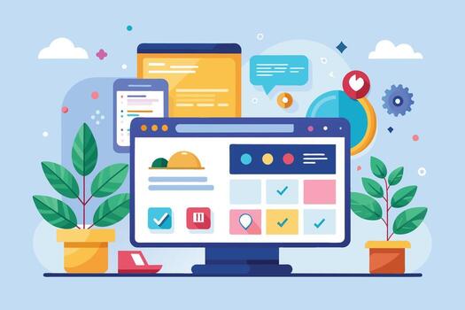 Illustration of a modern web design layout on a desktop computer, with a mobile phone and plant pots on the side, set against a blue background. vector