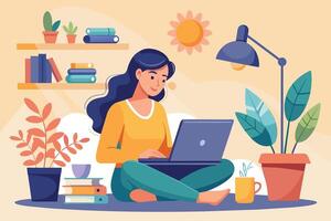 A woman is sitting on the floor, using a laptop, in a home office setting with plants and bookshelves. vector