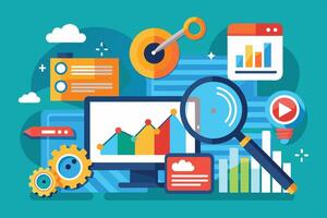 This colorful illustration depicts a digital marketing strategy with a growth chart, magnifying glass, and other icons representing key elements of online marketing. vector