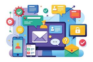 An illustration showing a computer, smartphone, and tablet interacting with emails, messages, and user profiles, emphasizing secure communication and online engagement. vector