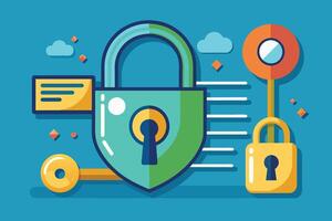 An illustration of a green padlock with a key, a yellow lock, and a blue background. vector