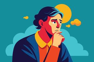 An illustration of a man deep in thought, with his hand on his chin and a thoughtful expression on his face. The background features a blue sky with fluffy clouds and a bright sun. vector